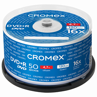 Диски DVD+R (плюс) CROMEX, 4,7 Gb, 16x, Cake Box (упаковка на шпиле), комплект 50 шт